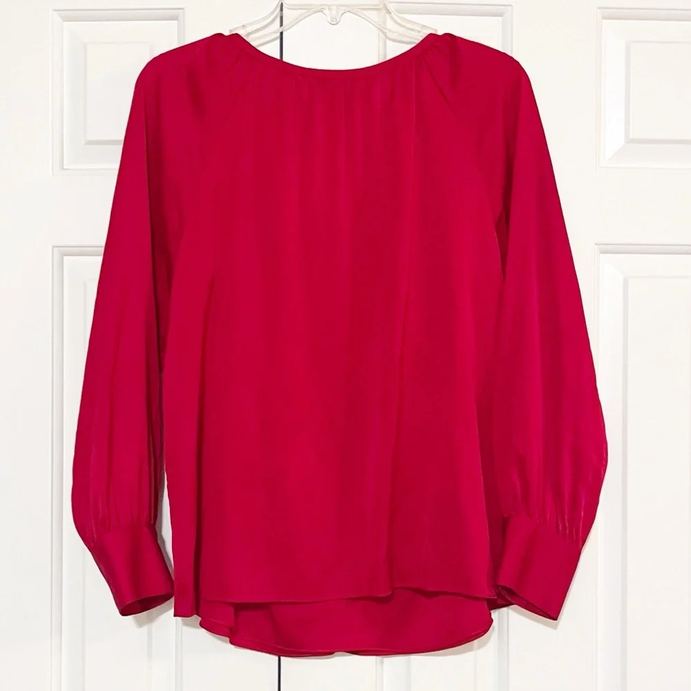 Talbots 100% Silk Vibrant V-Neck Red Blouse with ruched collar long sleeves. 10 - Picture 9 of 14